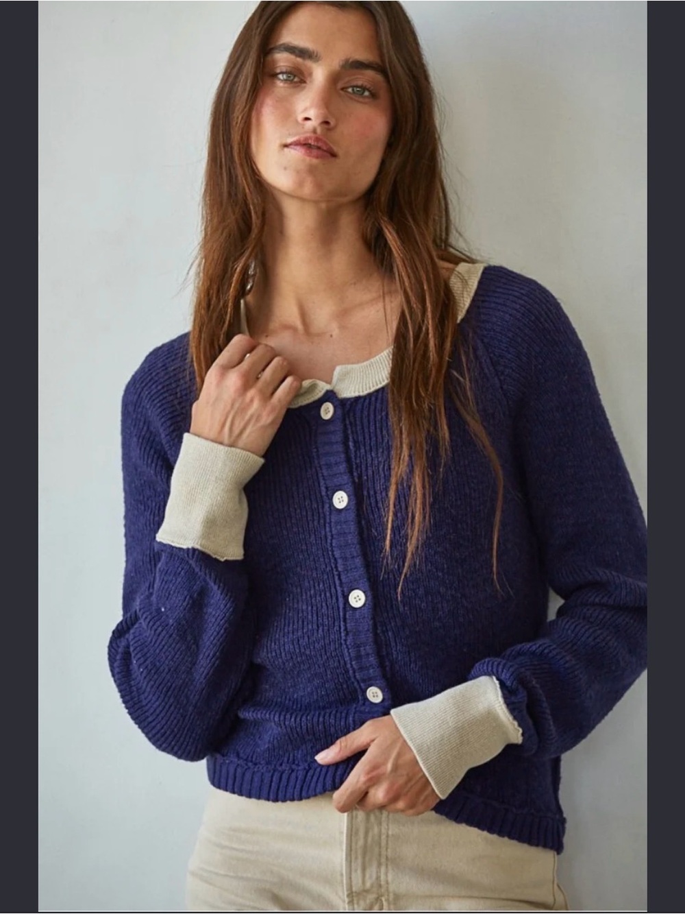 Navy and Cream Contrast-Trim Button Cardigan Sweater